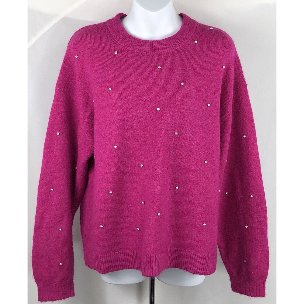 H&M fuzzy sweater S fuchsia pink rhinestone accents long sleeve oversized glam